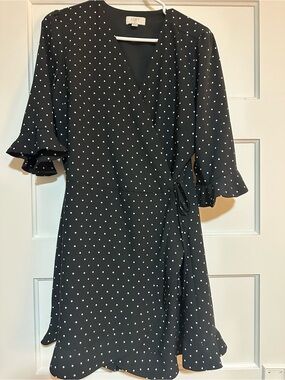 LOFT Black with White Polka Dot Wrap Midi Dress